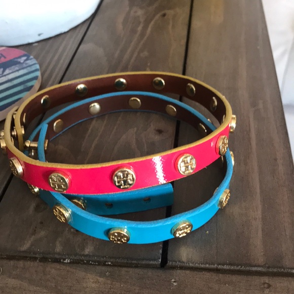2 Tory Burch leather wrist wraps one pink 1 Bl new - Picture 2 of 12